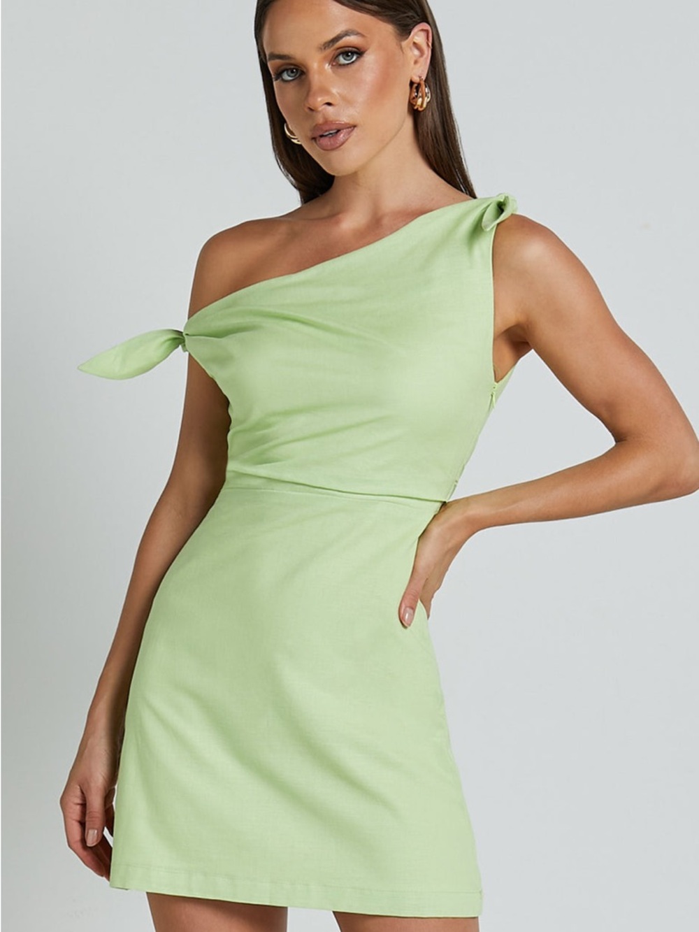 Showpo. | JEOFINA MINI DRESS Off The Shoulder Linen Dress In Celery | Size 4